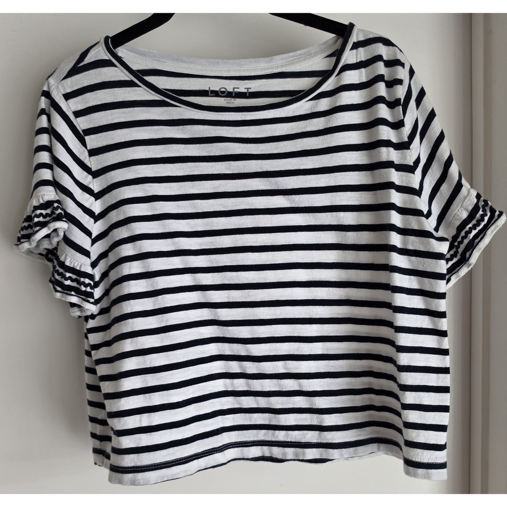 LOFT Women T-Shirt Size M Striped White Black Round Neck Short Sleeve Tee Top